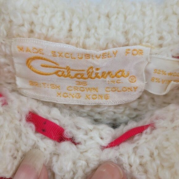 Vintage 60's Sweater Tunic Wool Knobby Knit Ivory Holiday GoGo Pink Ribbon S - Picture 12 of 12